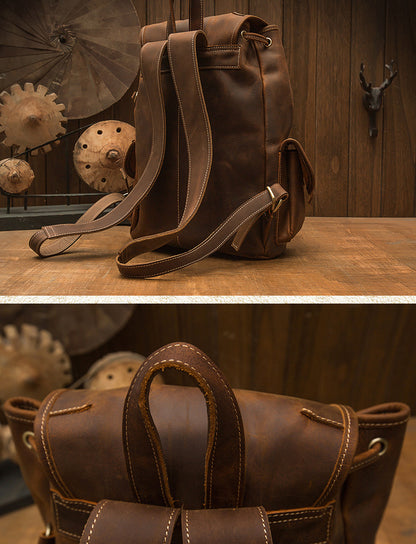 Men's Backpack Cowhide Genuine Leather Handmade Crazy Horse Retro Fashion Outdoor Travel Bag 