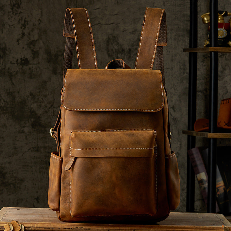 Men's Backpack Handcrafted Genuine Cowhide Leather Fashion Retro Crazy Horse Men's Travel Bag 