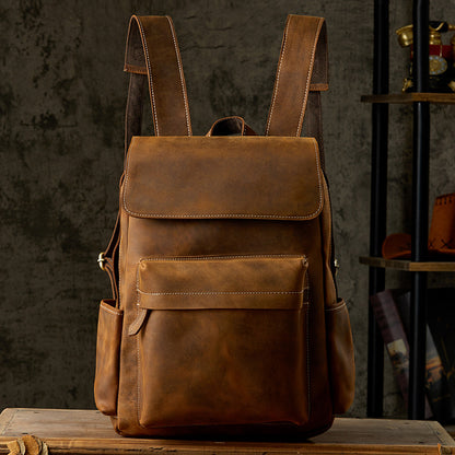 Men's Backpack Handcrafted Genuine Cowhide Leather Fashion Retro Crazy Horse Men's Travel Bag 