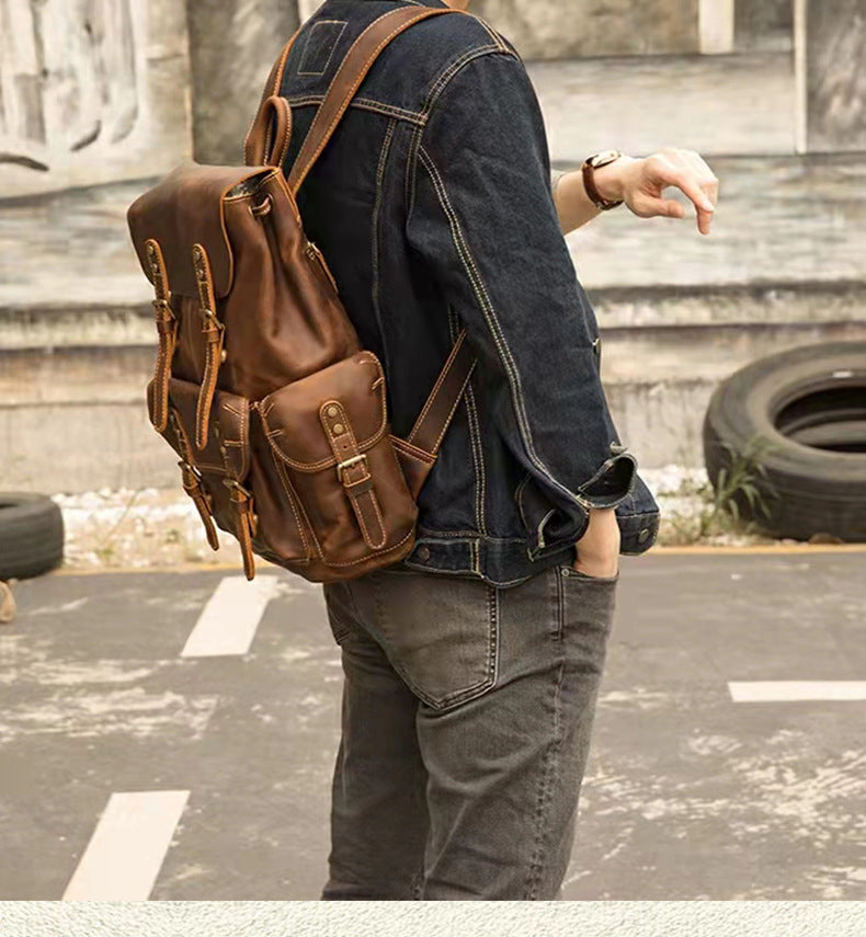 Men's backpack handmade genuine cowhide leather retro unique fashion casual travel bag 