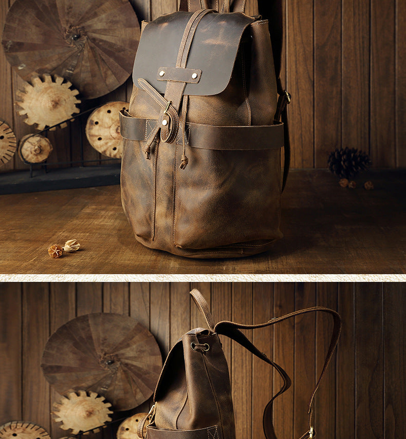 Men's Backpack Genuine Cowhide Leather Handmade Fashion Casual Travel Retro Crazy Horse Men's Bag 