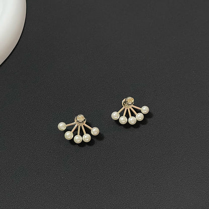 Women Earrings Pearl Fan Shape Cubic Chassis Retro Earrings 