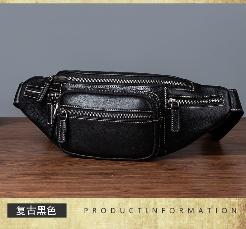 Men's Waist Pouch Genuine Cowhide Leather Retro Casual Bust Bag for Men 