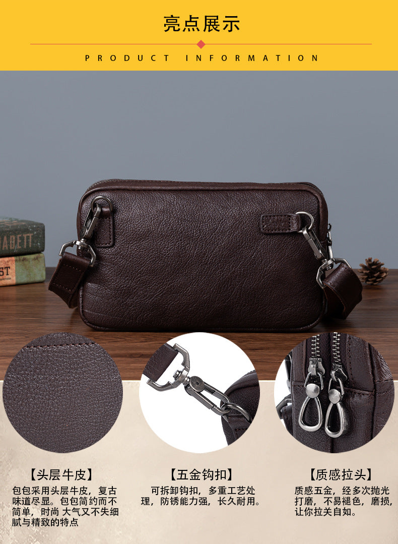 Men's Shoulder Bag Genuine Cowhide Leather Retro Casual Men Clutch Bag Crossbody Bag 