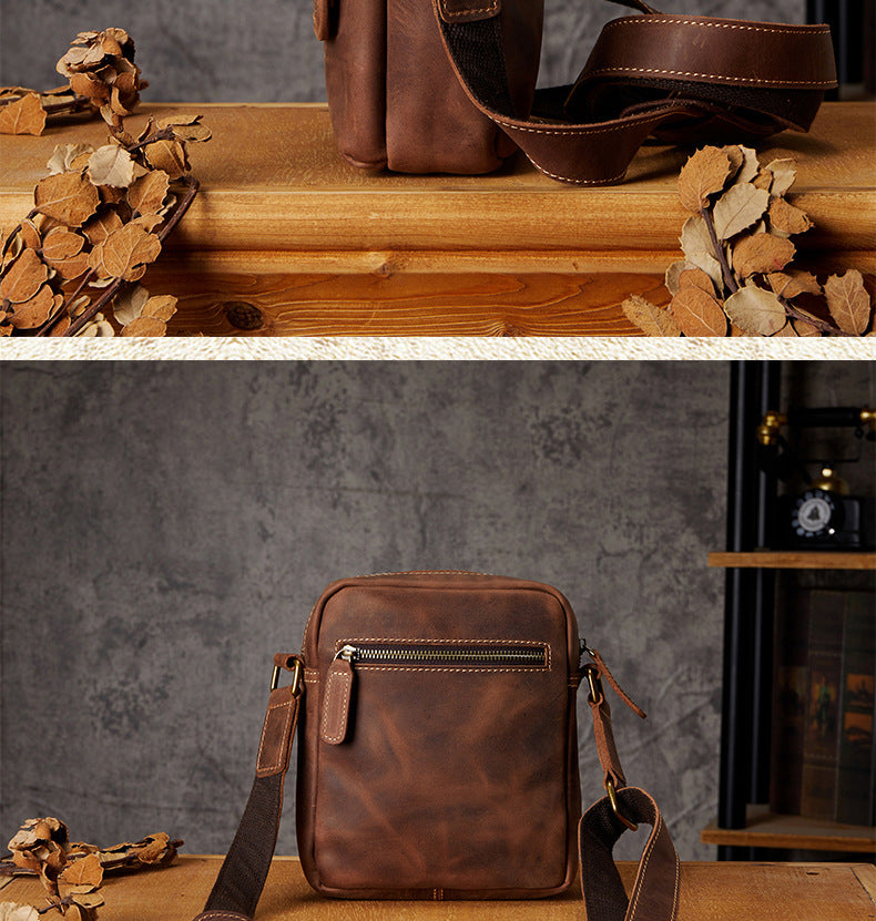 Men's Shoulder Bag Handmade Quality Genuine Cowhide Leather Crazy Horse Retro Unique Casual Fashion Crossbody Bag for Men 