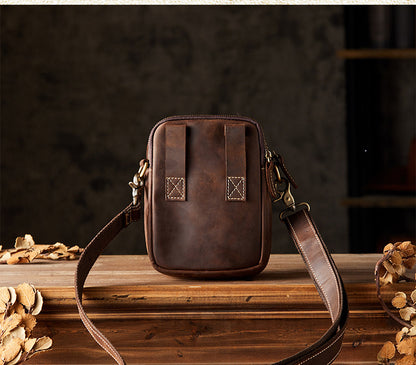 Men's Shoulder Bag Handmade Genuine Cowhide Leather Crazy Horse Retro Casual Fashion Men's Crossbody Bag Smartphone Pouch 