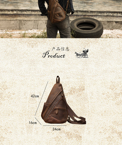 Men's Bust Bag Genuine Cowhide Leather Handmade Fashion Large Capacity Multifunctional Retro Crossbody Bag Casual Two Shoulder Backpack Rucksack 