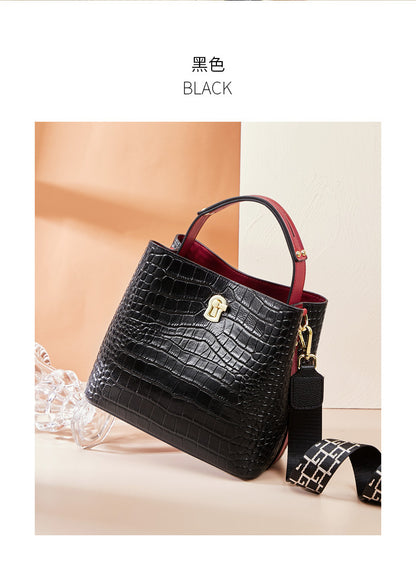 Genuine leather women's bag casual fashion bucket bag crocodile pattern shoulder bag broadband handbag.bag