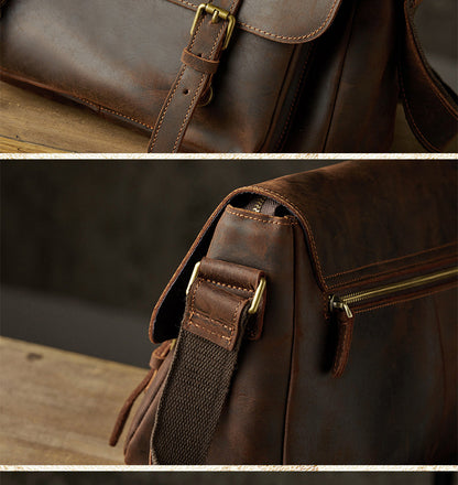 Men's Messenger Bag Handmade Genuine Cowhide Leather Crazy Horse Korean Fashion Crossbody Bag Shoulder Bag 