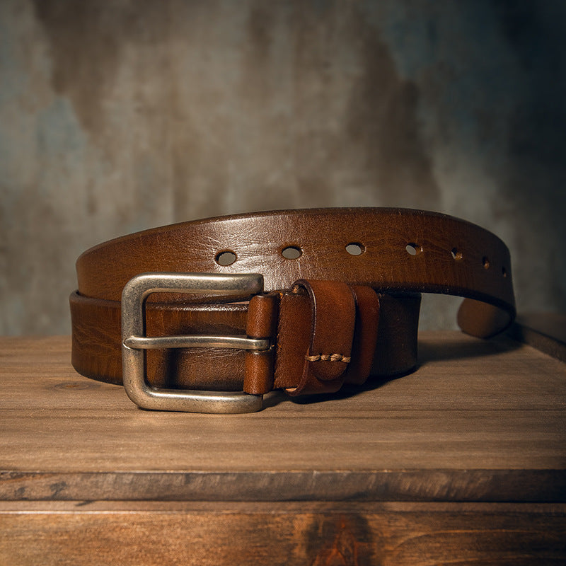 Men's Belt Genuine Cowhide Leather Handmade Needle Buckle Simple Casual Vintage Fashion Men's Belt 