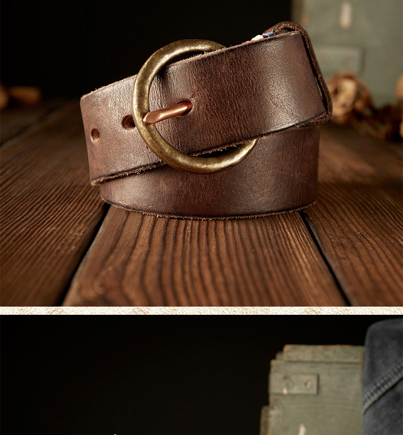 Men's belt handmade cowhide genuine leather retro copper needle buckle casual personality belt for men