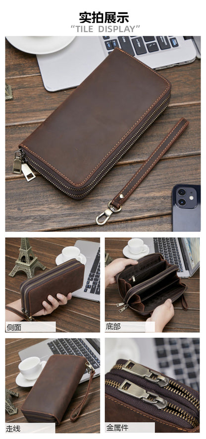 Men's Wallet Cowhide Large Capacity Double Zipper Business Clutch Bag Men's Wallet 