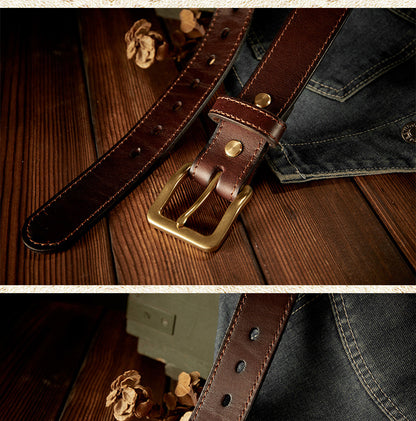 Men's Belt Handmade Cowhide Genuine Leather Needle Buckle Retro Casual Korean Fashion Men's Belt