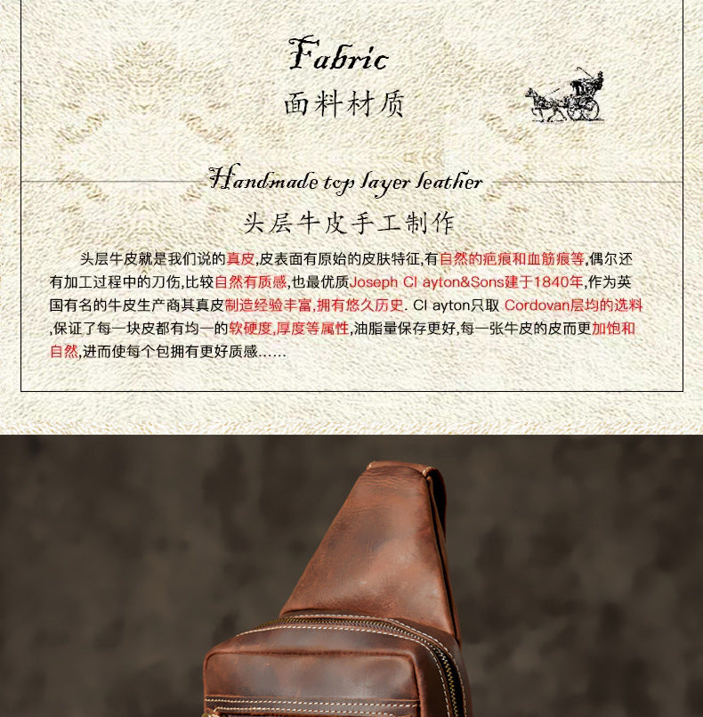 Men's Bust Bag Genuine Cowhide Leather Handmade Vintage Casual Large Capacity Men's Shoulder Bag Crossbody Bag 