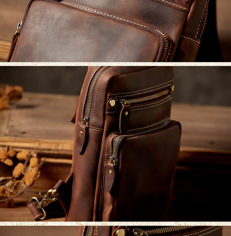 Men's Bust Bag Genuine Cowhide Leather Handmade Vintage Casual Large Capacity Men's Shoulder Bag Crossbody Bag 