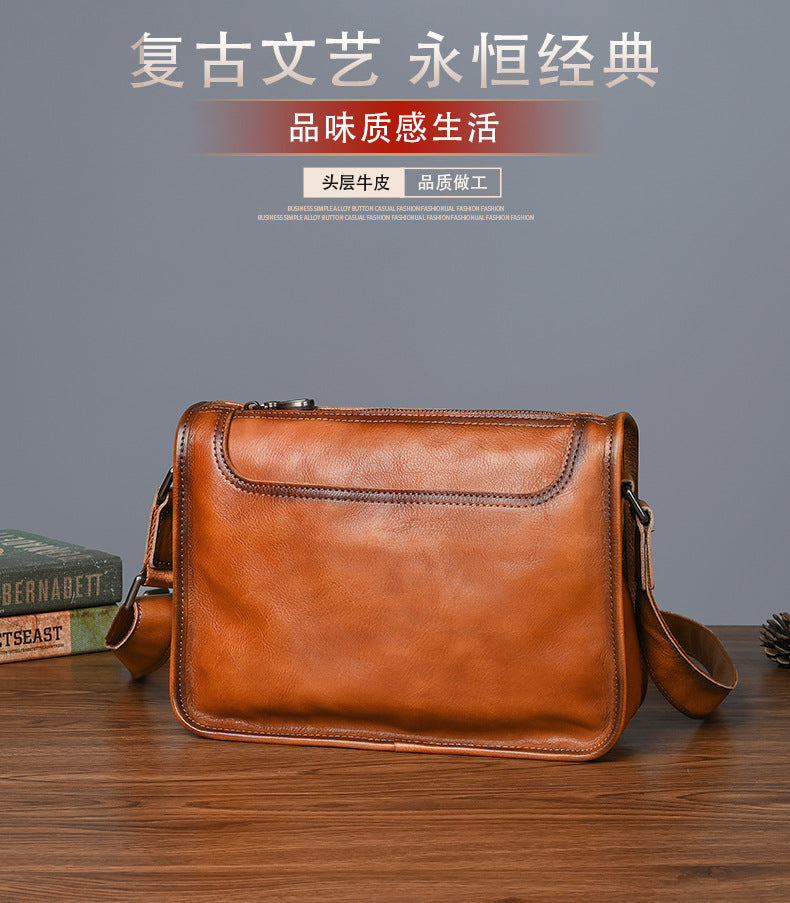 Men's Shoulder Bag Genuine Cowhide Leather Retro Casual Male Crossbody Bag 