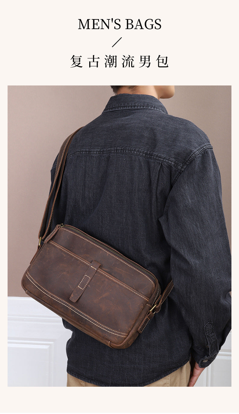 Men's Shoulder Bag Genuine Cowhide Leather Retro Fashion Commuter Crossbody Bag for Men 