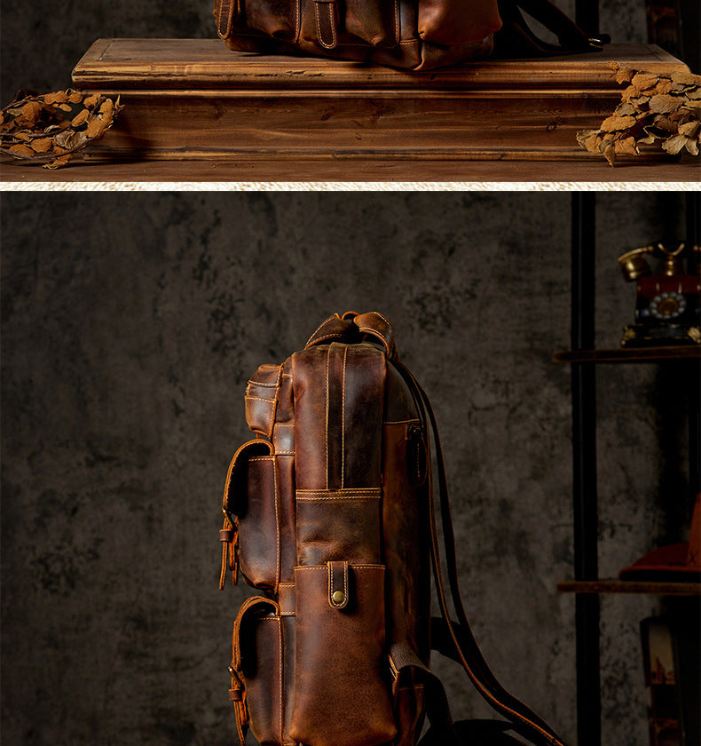 Men's backpack genuine cowhide leather Crazy Horse original large capacity retro outdoor unique travel bag 