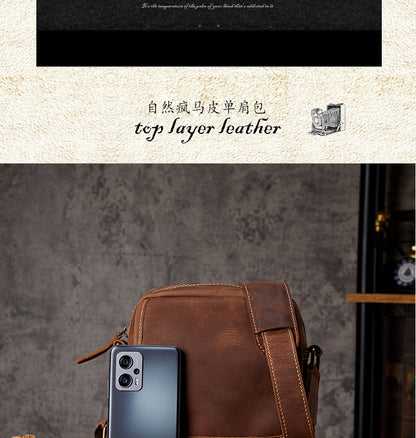 Men's Shoulder Bag Handmade Quality Genuine Cowhide Leather Crazy Horse Retro Unique Casual Fashion Crossbody Bag for Men 