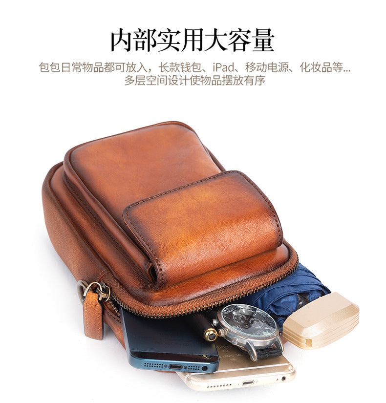 Men's Shoulder Bag Genuine Cowhide Leather Retro Casual Crossbody Bag for Men 