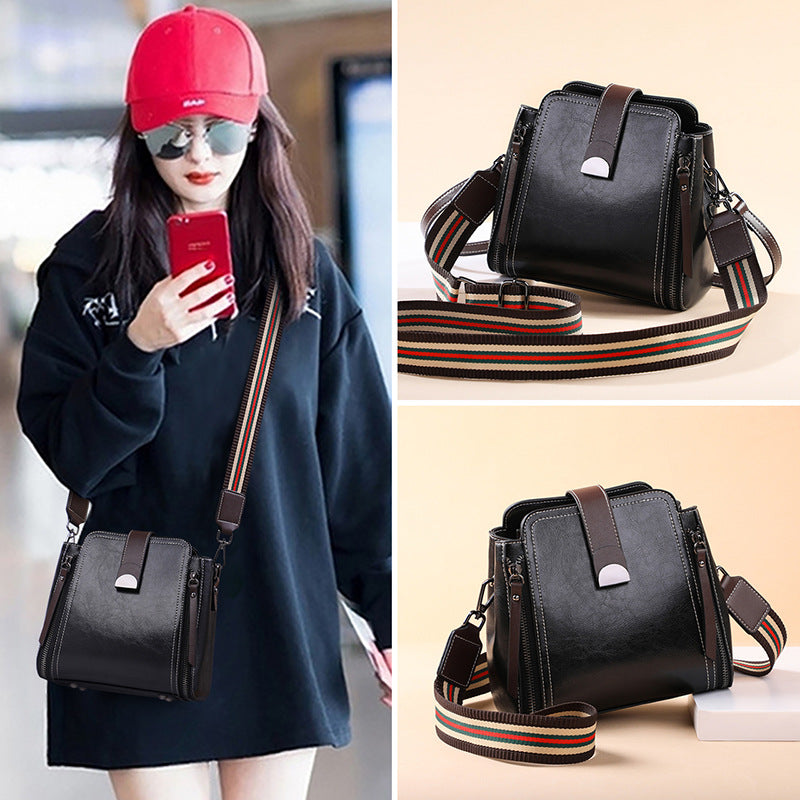 Genuine Leather Bucket Bag Crossbody Bag Ladies Fashion Broadband Simple Shoulder Bag.Pochette