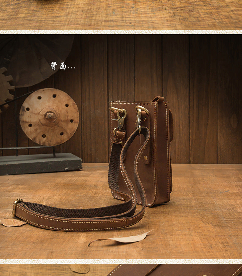 Men's Shoulder Bag Handmade Genuine Cowhide Leather Crazy Horse Men's Crossbody Bag Smartphone Pouch Waist Pouch 