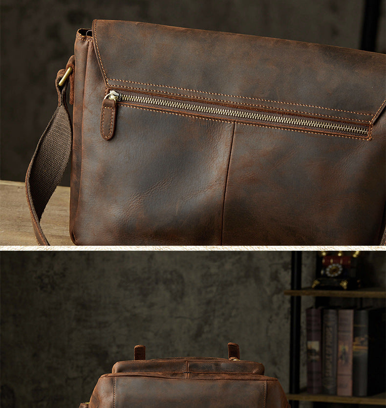 Men's Messenger Bag Handmade Genuine Cowhide Leather Crazy Horse Korean Fashion Crossbody Bag Shoulder Bag 