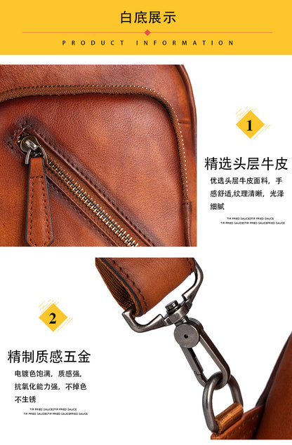 Men's Crossbody Bag Genuine Cowhide Leather Retro Casual Men's Bust Bag 