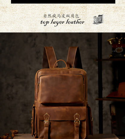 Men's Backpack Handmade Cowhide Genuine Leather Retro Crazy Horse Large Capacity Travel Bag Men's Computer Bag 