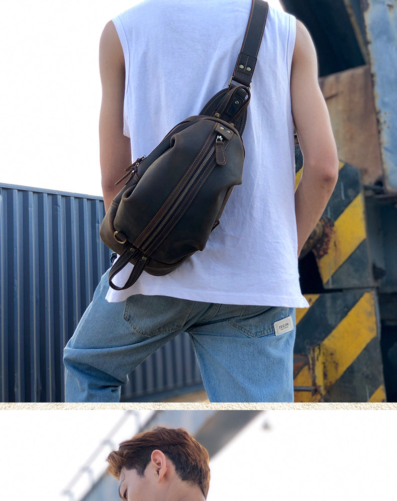 Men's Bust Bag Genuine Cowhide Leather Handmade Casual Vintage Unique Korean Fashion Crossbody Bag for Men 