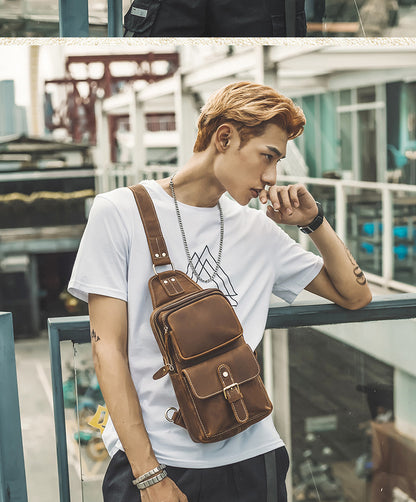 Men's Bust Bag Handmade Genuine Cowhide Leather Crazy Horse Retro Fashion Casual Crossbody Bag Shoulder Bag 