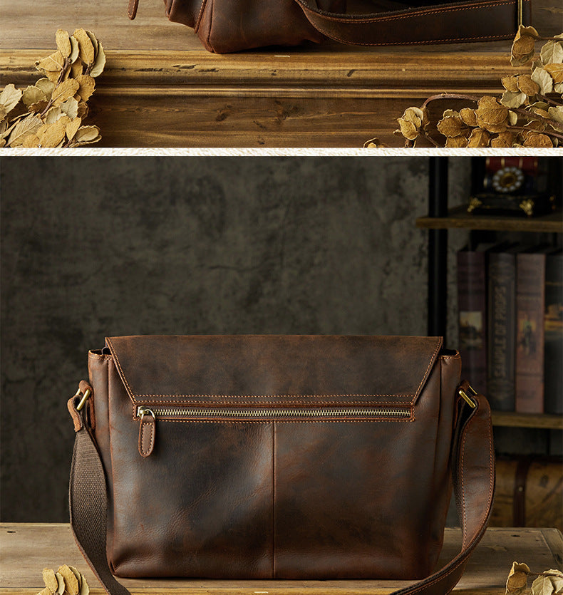 Men's Messenger Bag Handmade Genuine Cowhide Leather Crazy Horse Korean Fashion Crossbody Bag Shoulder Bag 