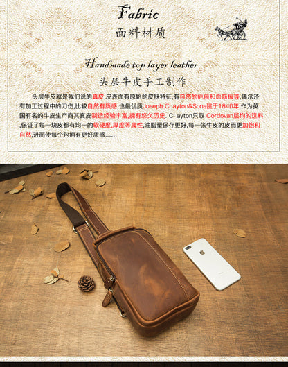 Men's Bust Bag Handmade Genuine Cowhide Leather Fashion Unique Men's Shoulder Bag Crossbody Bag 