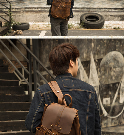 Men's Backpack Genuine Cowhide Leather Handmade Fashion Casual Travel Retro Crazy Horse Men's Bag 