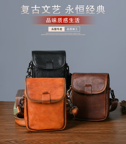 Men's Shoulder Bag Genuine Cowhide Leather Retro Casual Travel Bag Men Crossbody Bag Smartphone Pouch 