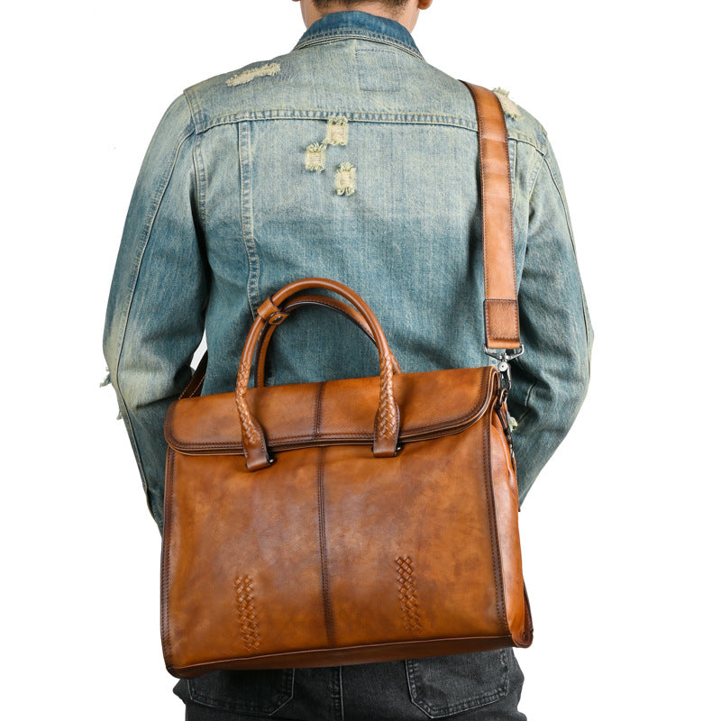 Men's briefcase genuine cowhide leather simple fashion retro casual business men's handbag computer bag 