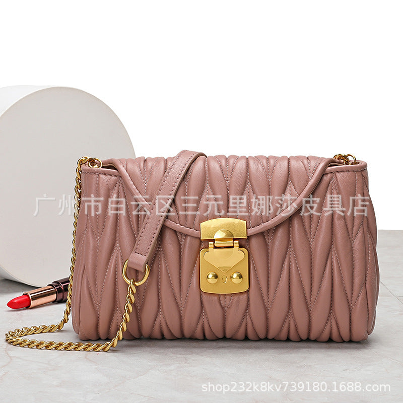 Women's Bag Sheep Leather Wrinkle Bag Genuine Leather Chain Bag Crossbody Bag High Quality Elegant Shoulder Bag.Pochette