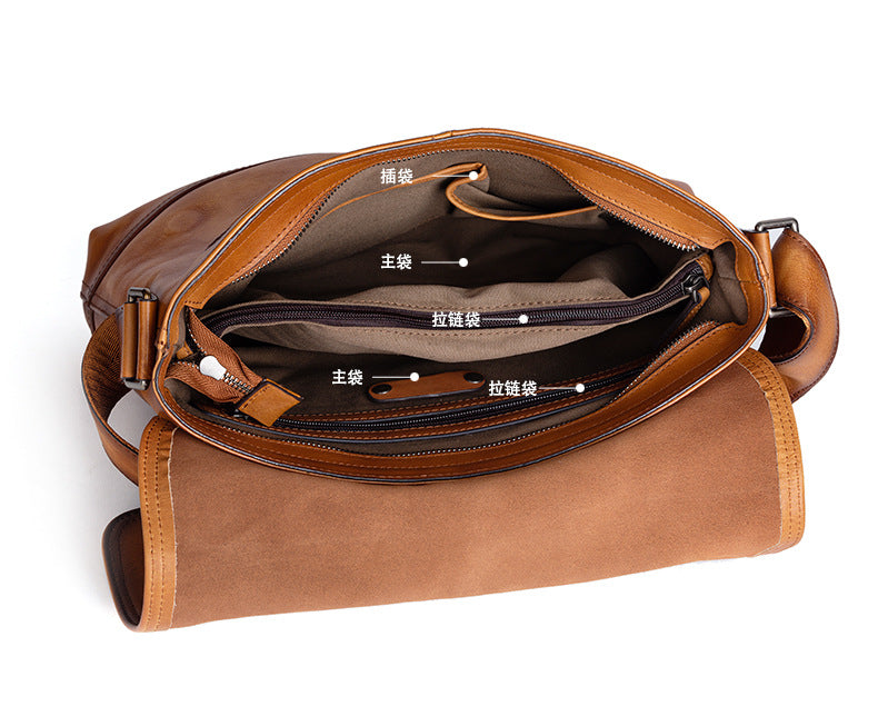 Men's Shoulder Bag Genuine Cowhide Leather Retro Casual Male Crossbody Bag 