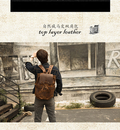 Men's Backpack Genuine Cowhide Leather Handmade Fashion Casual Travel Retro Crazy Horse Men's Bag 