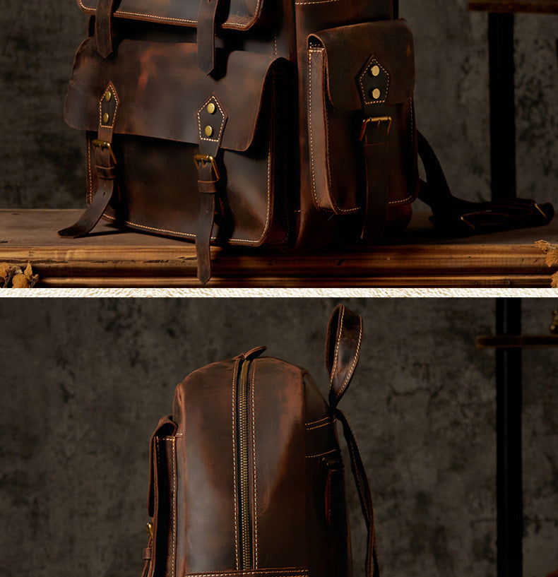 Men's Backpack Handmade Genuine Cowhide Leather Crazy Horse Retro Travel Bag Large Capacity Computer Bag Rucksack 