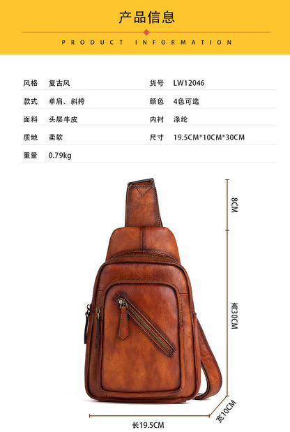 Men's Crossbody Bag Genuine Cowhide Leather Retro Casual Men's Bust Bag 