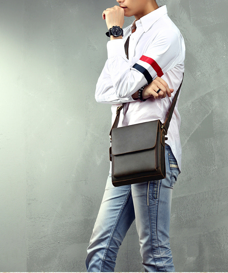 Men's Shoulder Bag Genuine Cowhide Leather Crazy Horse Original Simple Business Casual Fashion Crossbody Bag for Men 