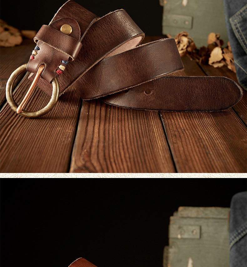 Men's belt handmade cowhide genuine leather retro copper needle buckle casual personality belt for men