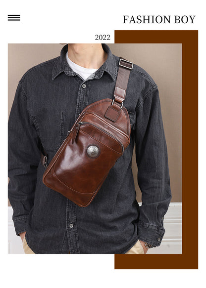 Men's Bust Bag Genuine Cowhide Leather Crazy Horse Retro Casual Shoulder Bag Men's Crossbody Bag 