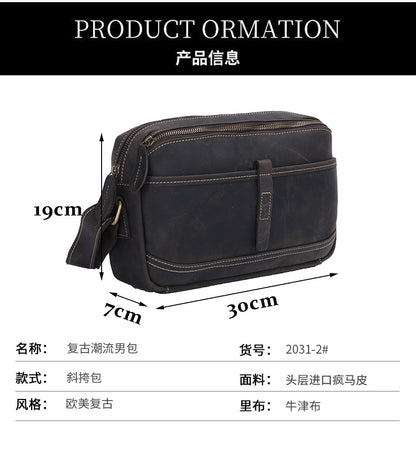 Men's Shoulder Bag Genuine Cowhide Leather Retro Fashion Commuter Crossbody Bag for Men 