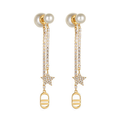 Women Earrings Pearl Fringe Long Cubic Chassis Pendant Earrings