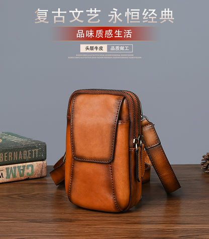 Men's Shoulder Bag Smartphone Pouch Cowhide Genuine Leather Retro Casual Crossbody Bag for Men 