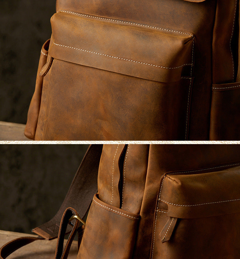 Men's Backpack Handcrafted Genuine Cowhide Leather Fashion Retro Crazy Horse Men's Travel Bag 