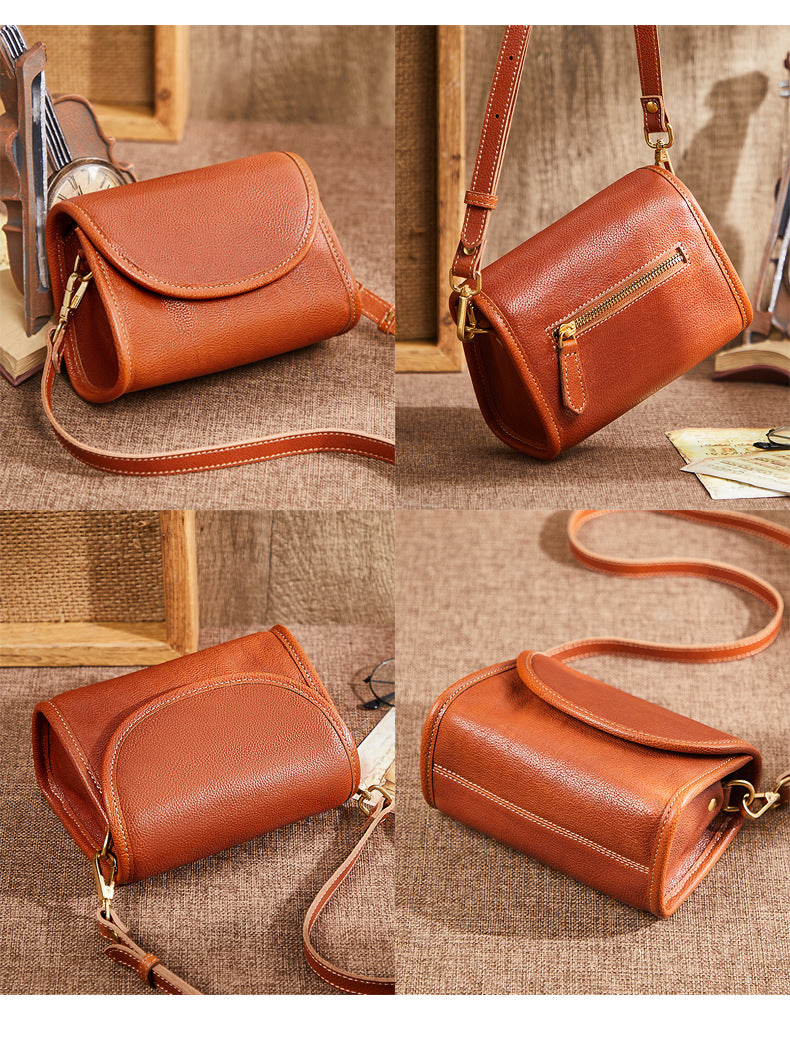 Women's bag retro genuine leather crossbody bag cowhide small bag simple elegant temperament shoulder bag.Pochette