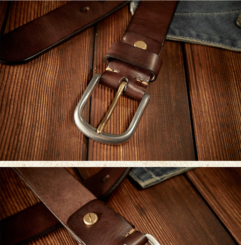 Men's Belt Genuine Cowhide Leather Handmade Needle Buckle Casual Vintage Men's Belt 